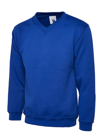 Uneek Clothing UC204 Premium V-Neck Sweatshirt long sleeves and round neck in royal blue with elasticated bottom.