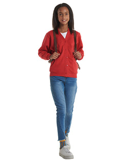 Person wearing Uneek Clothing UC207 -300GSM Childrens Cardigan long sleeve in bottle red with buttons on front and elasticated bottom and wrists.