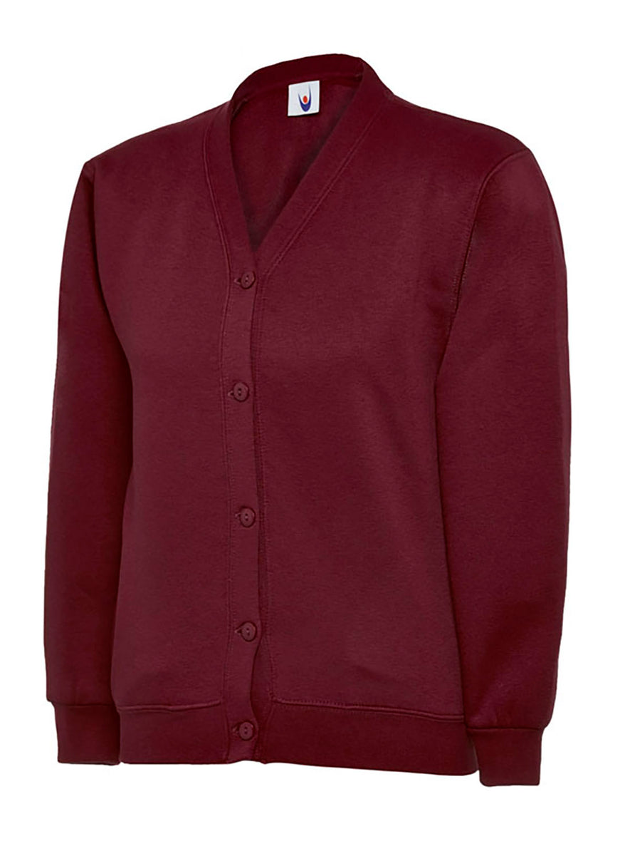 Uneek Clothing UC207 -300GSM Childrens Cardigan long sleeve in maroon with buttons on front and elasticated bottom and wrists.