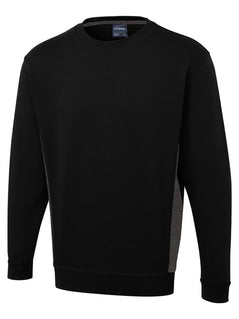 Uneek Clothing UC217 280GSM Two Tone Crew Neck Sweatshirt in black with long sleeves, round neck and charcoal panels on sides and inside of neck.