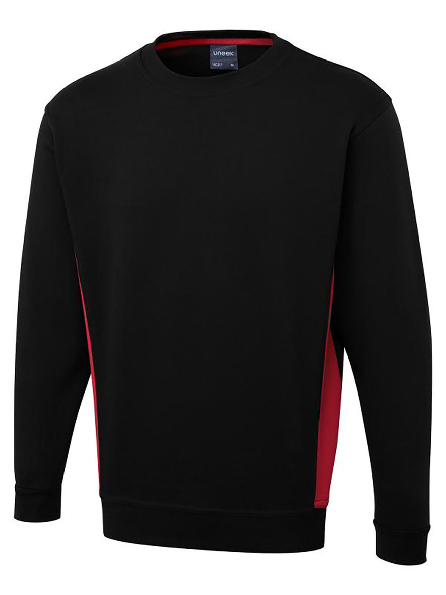 Uneek Clothing UC217 280GSM Two Tone Crew Neck Sweatshirt in black with long sleeves, round neck and red panels on sides and inside of neck.