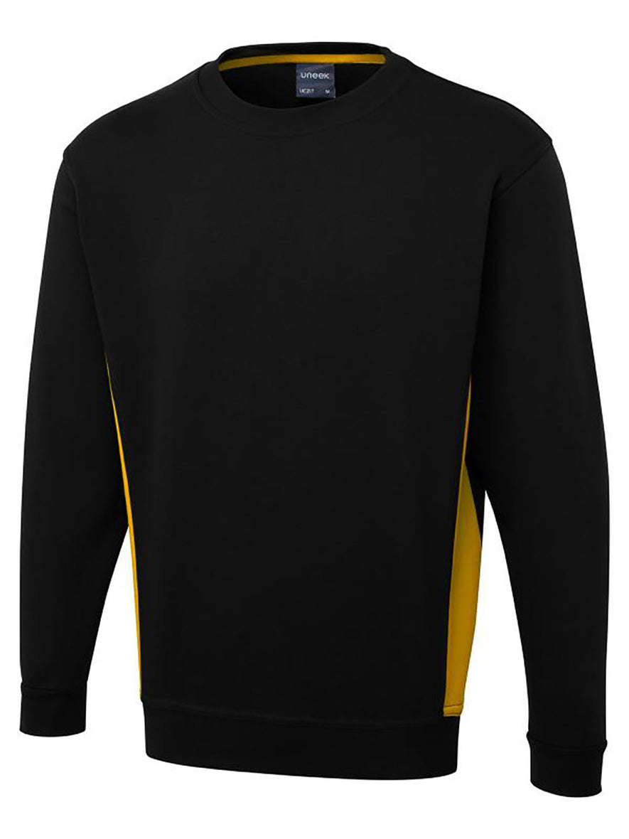 Uneek Clothing UC217 280GSM Two Tone Crew Neck Sweatshirt in black with long sleeves, round neck and yellow panels on sides and inside of neck.
