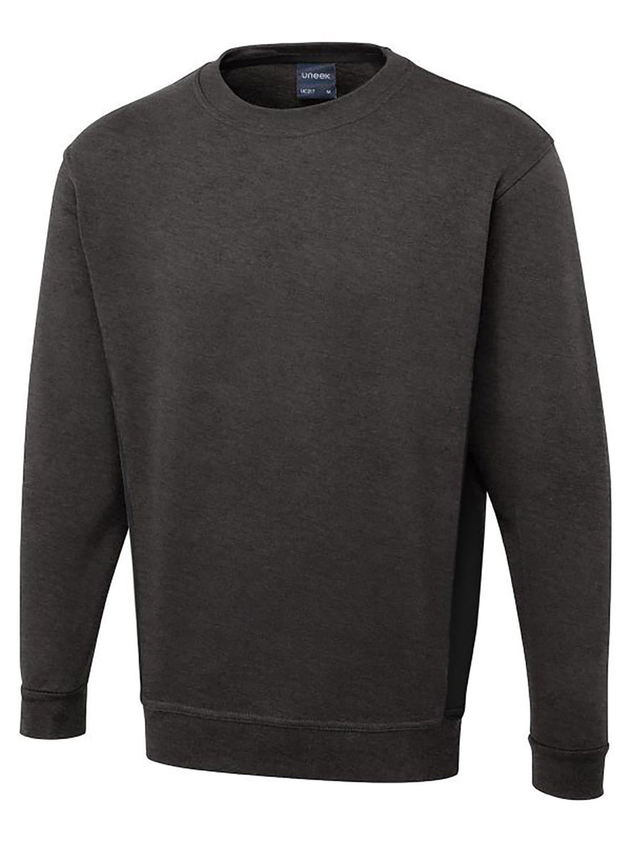 Uneek Clothing UC217 280GSM Two Tone Crew Neck Sweatshirt in charcoal with long sleeves, round neck and black panels on sides and inside of neck.