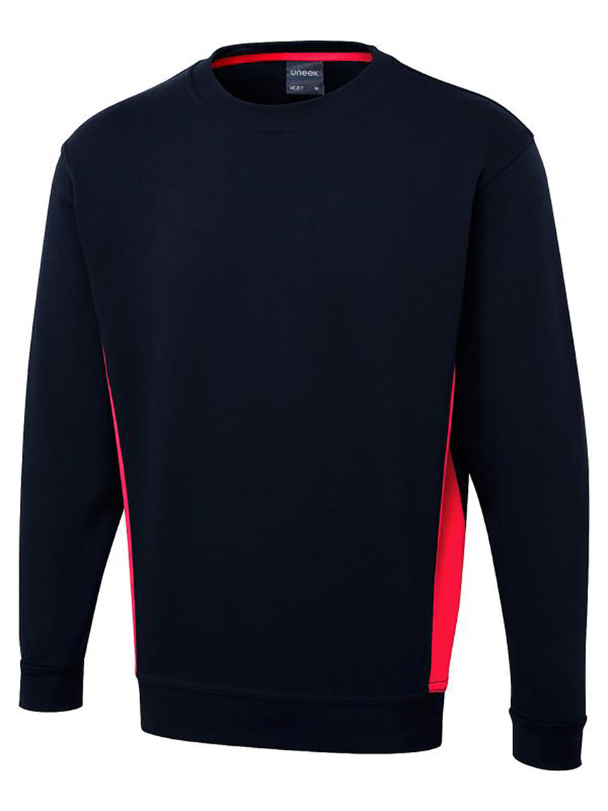Uneek Clothing UC217 280GSM Two Tone Crew Neck Sweatshirt in navy with long sleeves, round neck and red panels on sides and inside of neck.