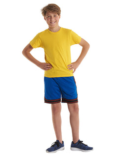 Person wearing Uneek Clothing UC306 - 180 GSM Childrens T-shirt with short sleeves and round neck in yellow.
