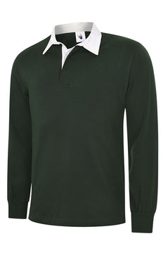 Uneek Clothing UC402 - 280GSM Classic Rugby Shirt long sleeve in bottle green with plackett and white collar.