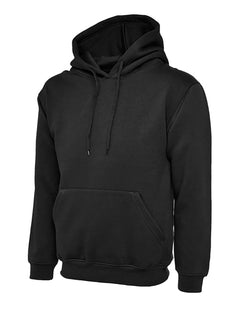 Uneek Clothing UC501 - 350GSM Premium Hooded Sweatshirt with hood in black with front pocket and drawstring.