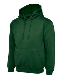 Uneek Clothing UC502 - 300GSM Classic Hooded Sweatshirt with hood in bottle green with front pocket and drawstring.
