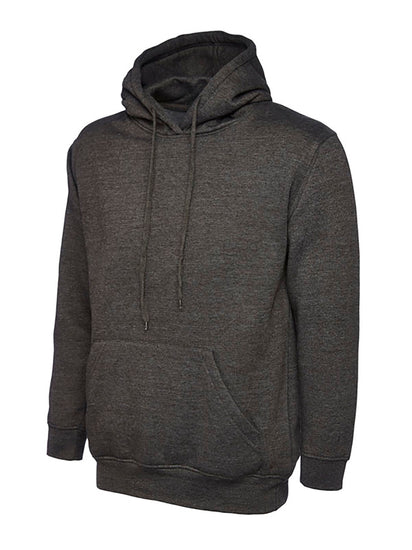 Uneek Clothing UX8 The UX Children's Sweatshirt in charcoal with long sleeves, hood, large front lower pocket and elasticated wrists and bottom.