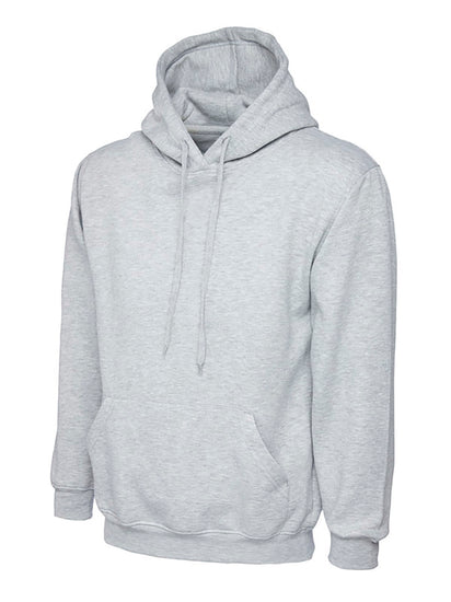 Uneek Clothing UC502 - 300GSM Classic Hooded Sweatshirt with hood in heather grey with front pocket and drawstring.