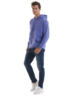 Person wearing Uneek Clothing UC502 - 300GSM Classic Hooded Sweatshirt with hood in purple with front pocket and drawstring.