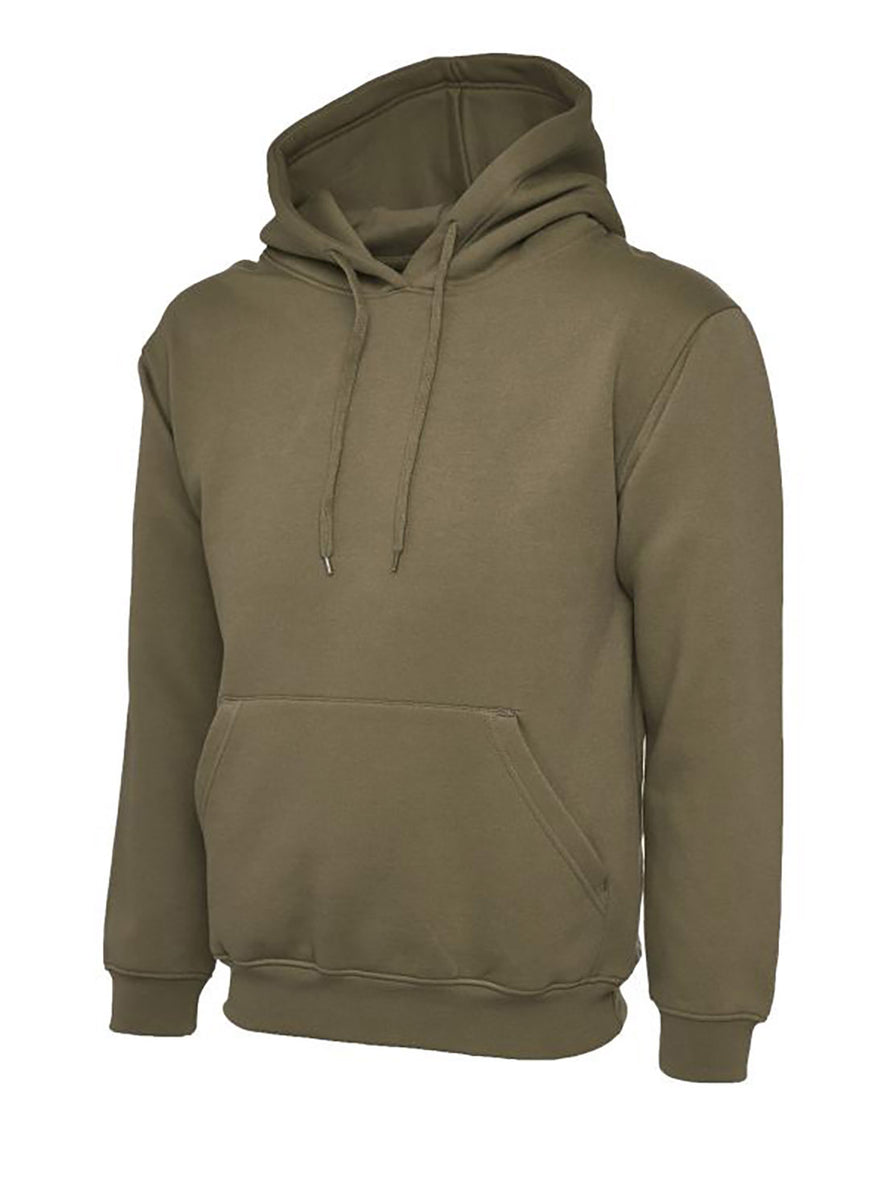 Uneek Clothing UC502 - 300GSM Classic Hooded Sweatshirt with hood in military green with front pocket and drawstring.