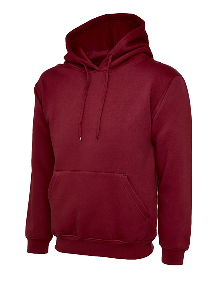 Uneek Clothing UC502 - 300GSM Classic Hooded Sweatshirt with hood in maroon with front pocket and drawstring.