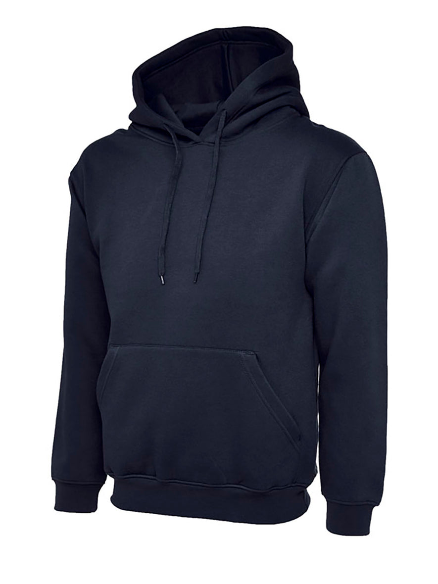 Uneek Clothing UC502 - 300GSM Classic Hooded Sweatshirt with hood in navy with front pocket and drawstring.