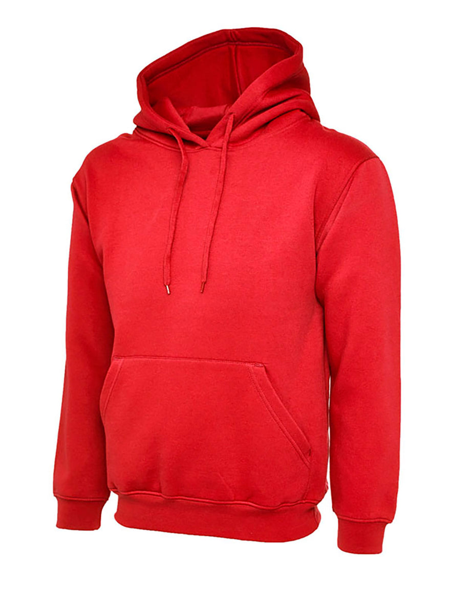 Uneek Clothing UC502 - 300GSM Classic Hooded Sweatshirt with hood in red with front pocket and drawstring.