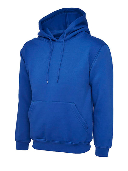 Uneek Clothing UC502 - 300GSM Classic Hooded Sweatshirt with hood in royal blue with front pocket and drawstring.