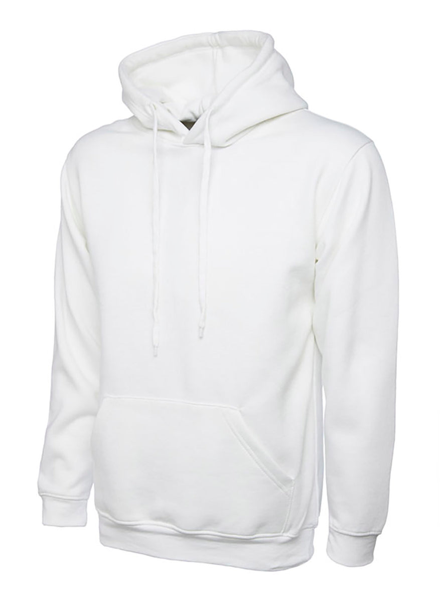 Uneek Clothing UX8 The UX Children's Sweatshirt in white with long sleeves, hood, large front lower pocket and elasticated wrists and bottom.