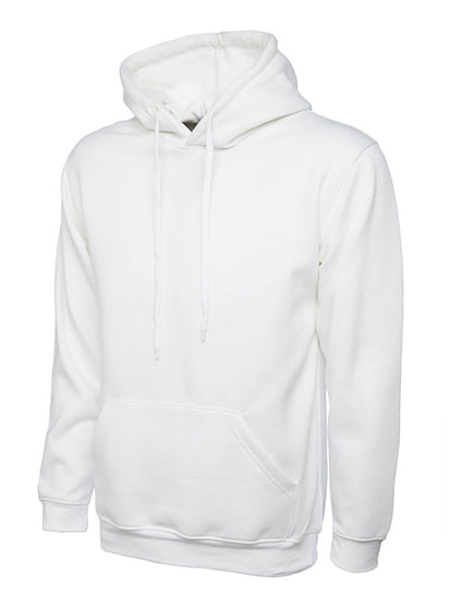 Uneek Clothing UC502 - 300GSM Classic Hooded Sweatshirt with hood in white with front pocket and drawstring.