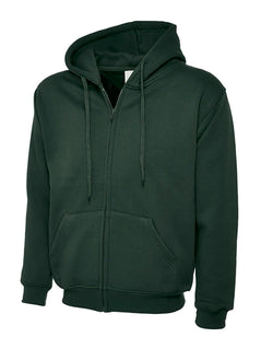 Uneek Clothing UC504 - 300GSM Adults Classic Full Zip Hooded Sweatshirt with hood in bottle green with two front pockets, drawstring and full zip fastening.