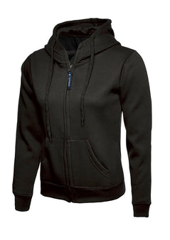Uneek Clothing UC505 - 300GSM Ladies Classic Full Zip Hooded Sweatshirt with hood in black with two front pockets, drawstring and full zip fastening.