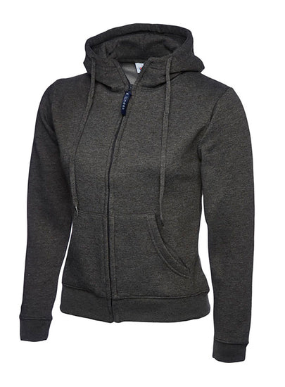 Uneek Clothing UC505 - 300GSM Ladies Classic Full Zip Hooded Sweatshirt with hood in charcoal with two front pockets, drawstring and full zip fastening.