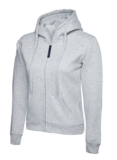 Uneek Clothing UC505 - 300GSM Ladies Classic Full Zip Hooded Sweatshirt with hood in heather grey with two front pockets, drawstring and full zip fastening.