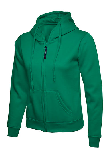 Uneek Clothing UC505 - 300GSM Ladies Classic Full Zip Hooded Sweatshirt with hood in kelly green with two front pockets, drawstring and full zip fastening.