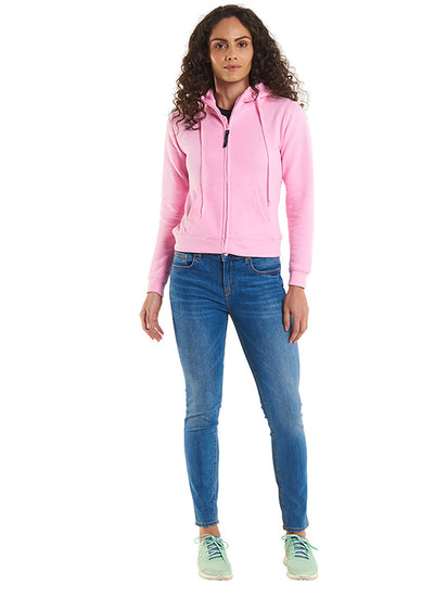 Person wearing Uneek Clothing UC505 - 300GSM Ladies Classic Full Zip Hooded Sweatshirt with hood in pink with two front pockets, drawstring and full zip fastening.