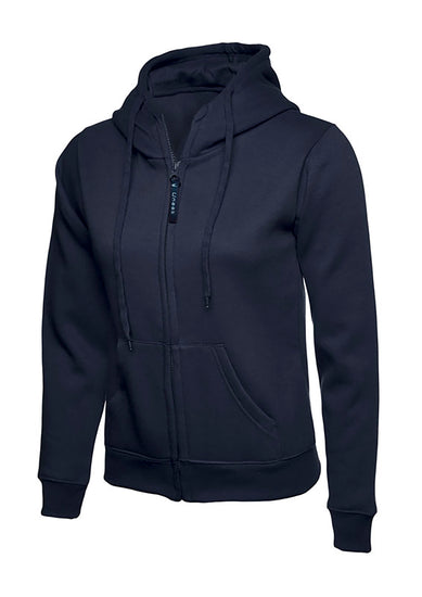 Uneek Clothing UC505 - 300GSM Ladies Classic Full Zip Hooded Sweatshirt with hood in navy with two front pockets, drawstring and full zip fastening.