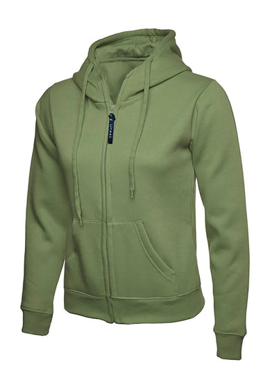 Uneek Clothing UC505 - 300GSM Ladies Classic Full Zip Hooded Sweatshirt with hood in olive green with two front pockets, drawstring and full zip fastening.