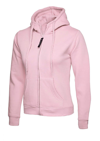 Uneek Clothing UC505 - 300GSM Ladies Classic Full Zip Hooded Sweatshirt with hood in pink with two front pockets, drawstring and full zip fastening.