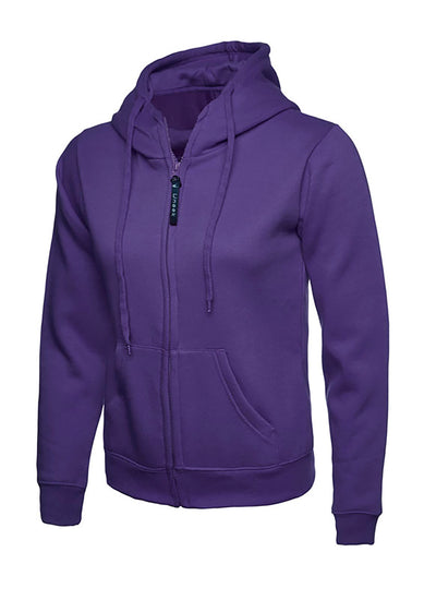 Uneek Clothing UC505 - 300GSM Ladies Classic Full Zip Hooded Sweatshirt with hood in purple with two front pockets, drawstring and full zip fastening.