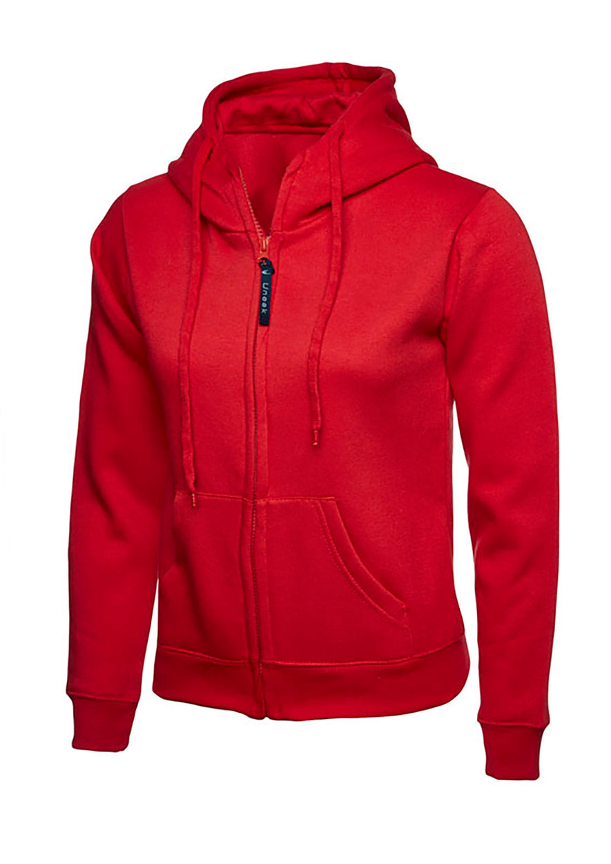 Uneek Clothing UC505 - 300GSM Ladies Classic Full Zip Hooded Sweatshirt with hood in red with two front pockets, drawstring and full zip fastening.