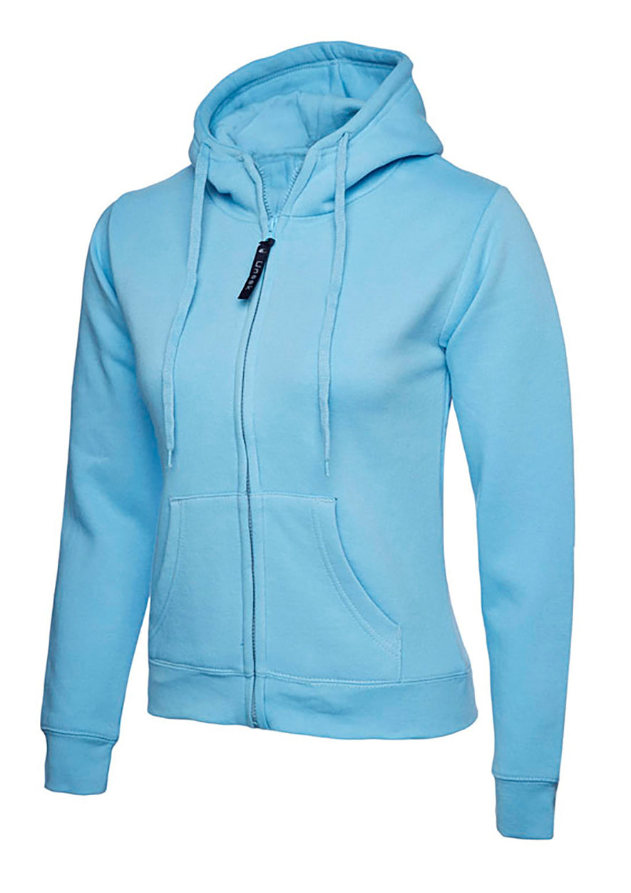 Uneek Clothing UC505 - 300GSM Ladies Classic Full Zip Hooded Sweatshirt with hood in sky blue with two front pockets, drawstring and full zip fastening.