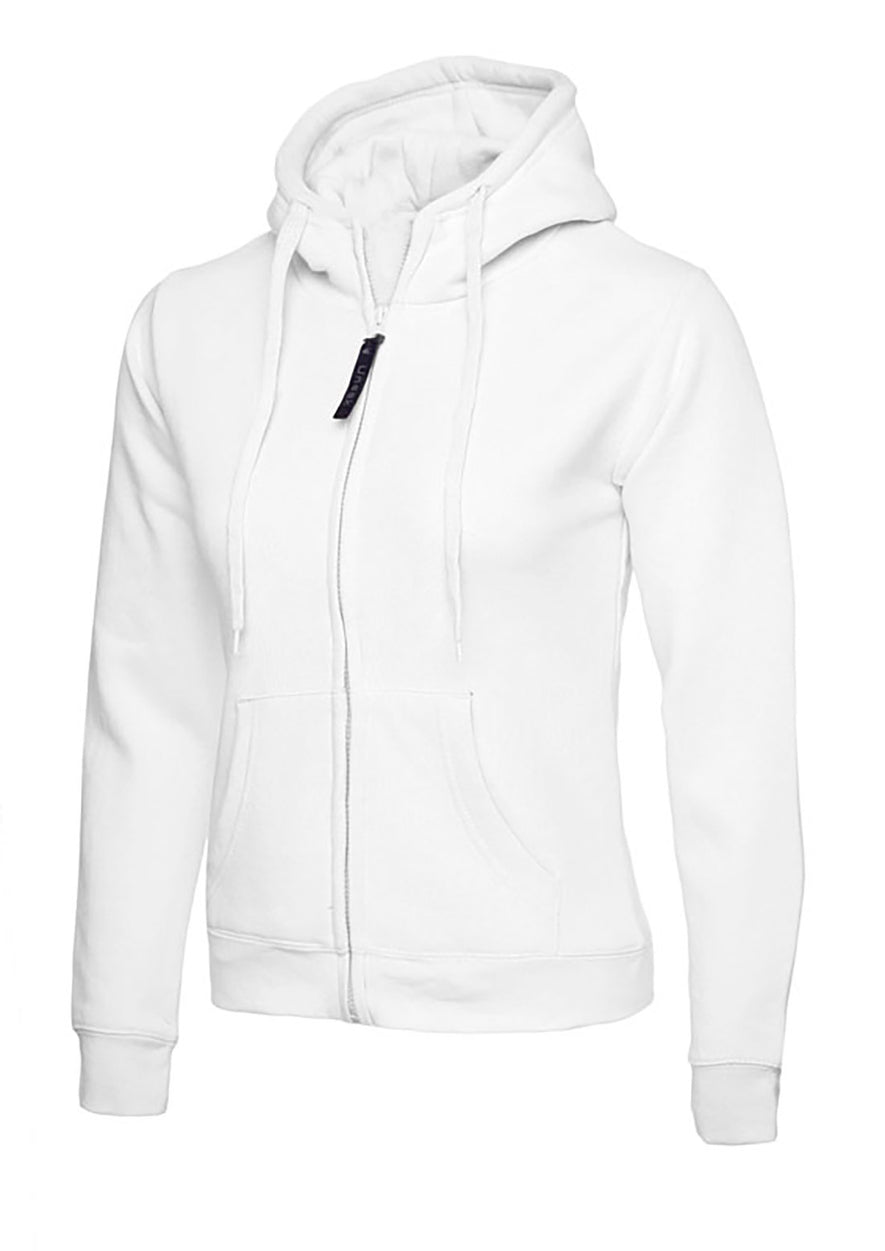 Uneek Clothing UC505 - 300GSM Ladies Classic Full Zip Hooded Sweatshirt with hood in white with two front pockets, drawstring and full zip fastening.