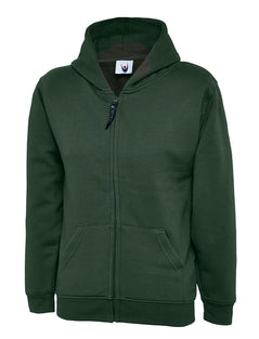 Uneek Clothing UC506 300GSM Childrens Classic Full Zip Hooded Sweatshirt with hood in bottle green with two front pockets and full zip fastening.