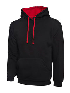 Uneek Clothing UC507 300GSM Contrast Hooded Sweatshirt with hood in black with front pocket and red inside hood and drawstring.