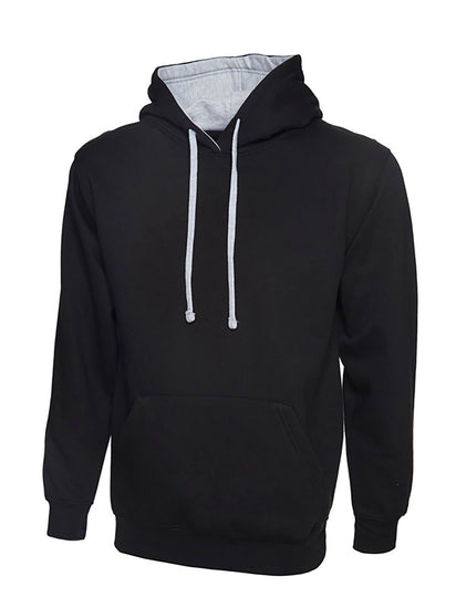 Uneek Clothing UC507 300GSM Contrast Hooded Sweatshirt with hood in black with front pocket and heather grey inside hood and drawstring.