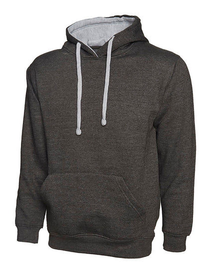 Uneek Clothing UC507 300GSM Contrast Hooded Sweatshirt with hood in charcoal with front pocket and heather grey inside hood and drawstring.