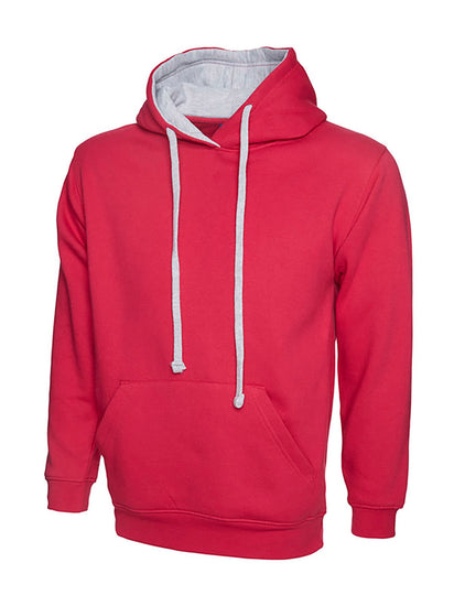 Uneek Clothing UC507 300GSM Contrast Hooded Sweatshirt with hood in fuchsia with front pocket and heather grey inside hood and drawstring.