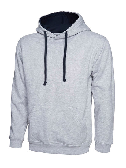 Uneek Clothing UC507 300GSM Contrast Hooded Sweatshirt with hood in heather grey with front pocket and navy inside hood and drawstring.