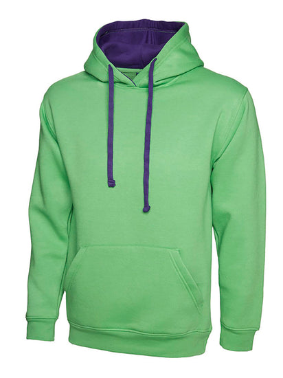 Uneek Clothing UC507 300GSM Contrast Hooded Sweatshirt with hood in lime green with front pocket and purple inside hood and drawstring.