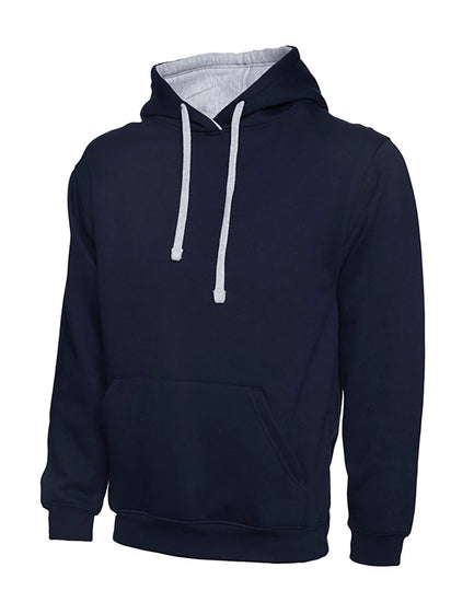 Uneek Clothing UC507 300GSM Contrast Hooded Sweatshirt with hood in navy with front pocket and heather grey inside hood and drawstring.