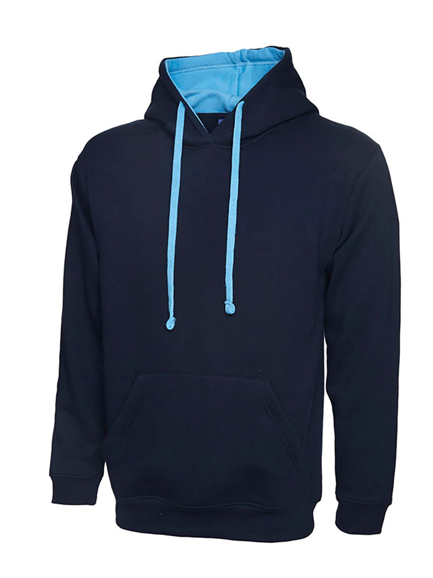 Uneek Clothing UC507 300GSM Contrast Hooded Sweatshirt with hood in navy with front pocket and sky blue inside hood and drawstring.