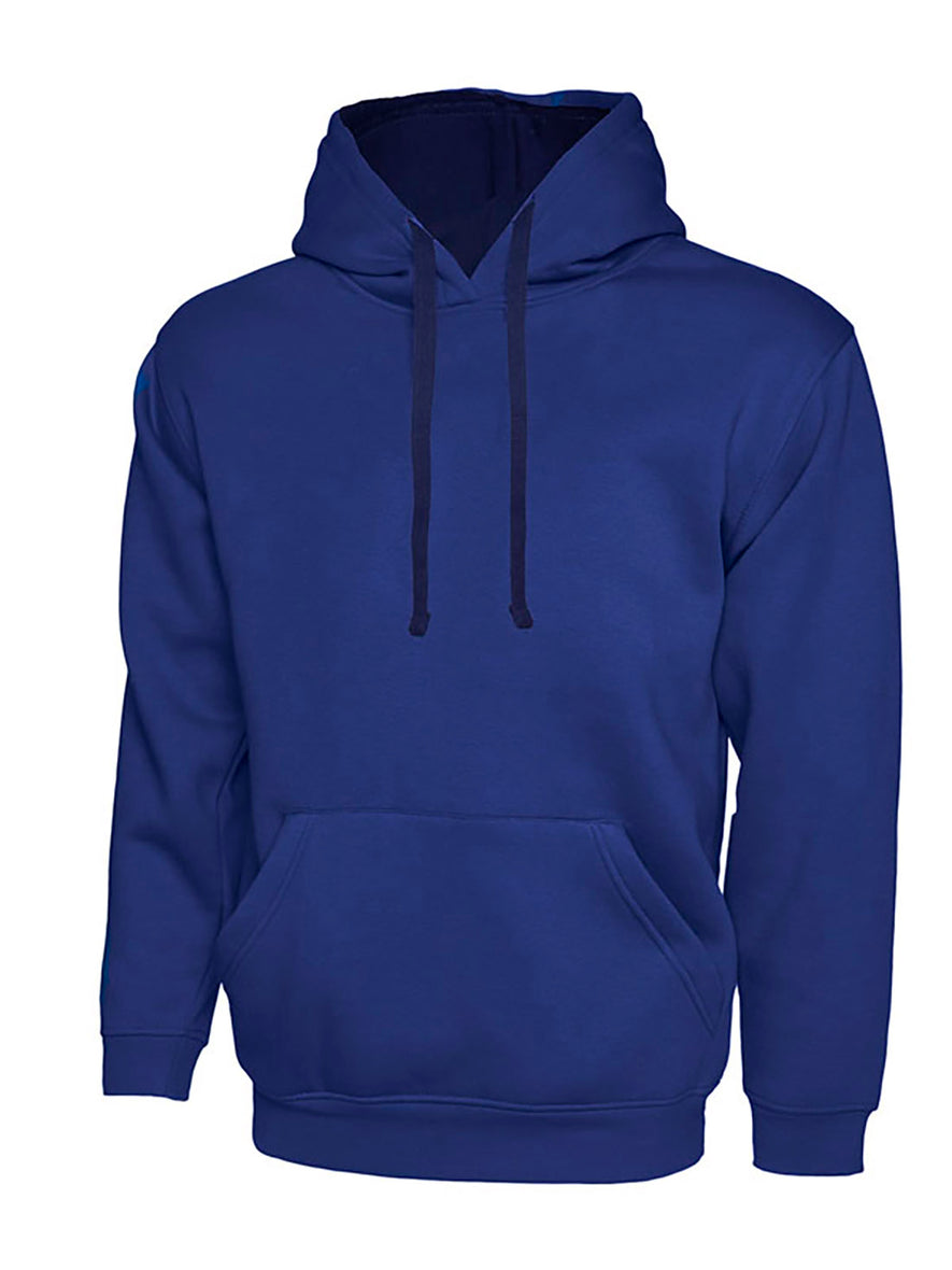 Uneek Clothing UC507 300GSM Contrast Hooded Sweatshirt with hood in royal blue with front pocket and navy inside hood and drawstring.