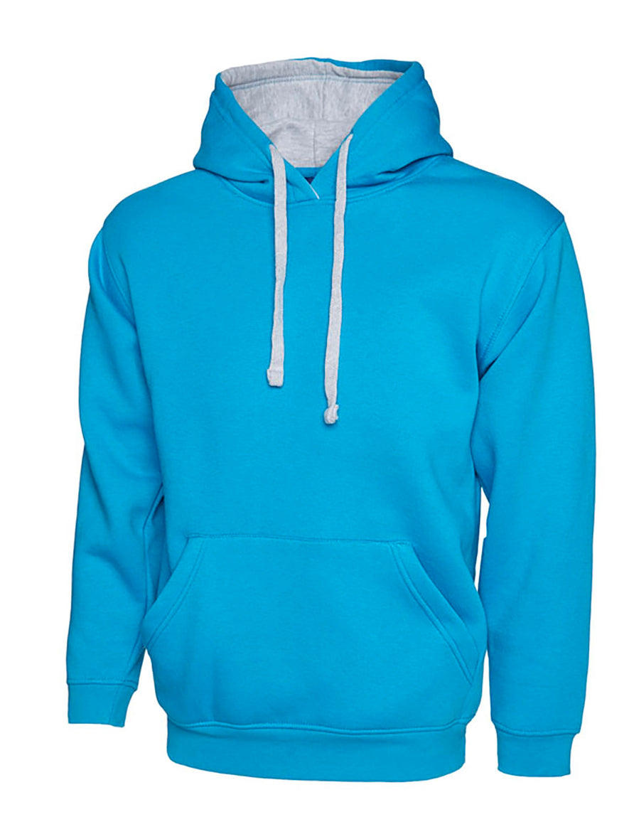 Uneek Clothing UC507 300GSM Contrast Hooded Sweatshirt with hood in sapphire blue with front pocket and heather grey inside hood and drawstring.