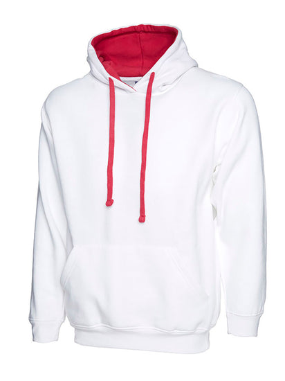 Uneek Clothing UC507 300GSM Contrast Hooded Sweatshirt with hood in white with front pocket and fuchsia inside hood and drawstring.