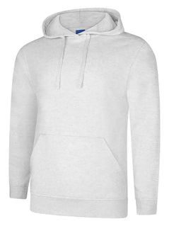 Uneek Clothing UC509 280GSM Deluxe Hooded Sweatshirt with hood in ash grey with large front lower pocket and drawstring.