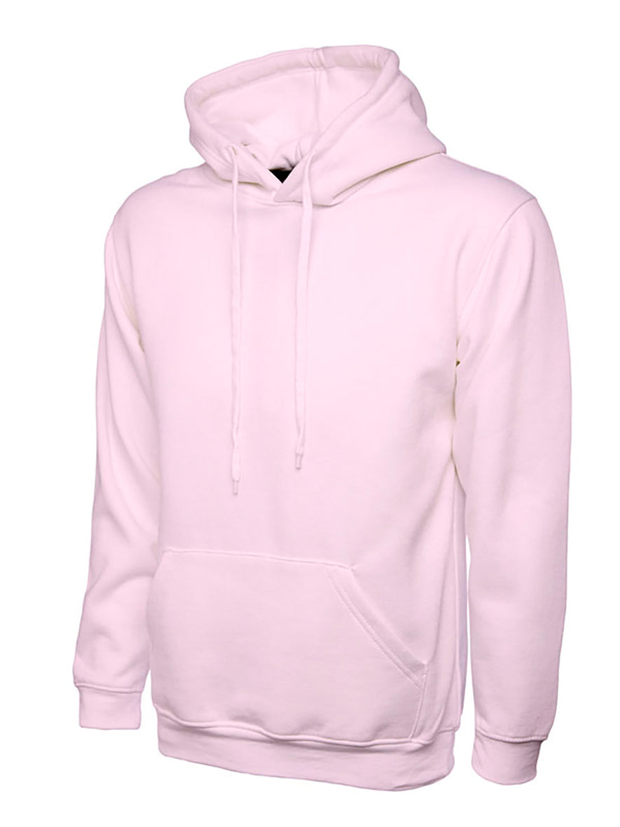 Uneek Clothing UC510 - Ladies Deluxe Hooded Sweatshirt long sleeve in pink with hood, drawstring, large pocket on front and elasticated bottom and wrists. 