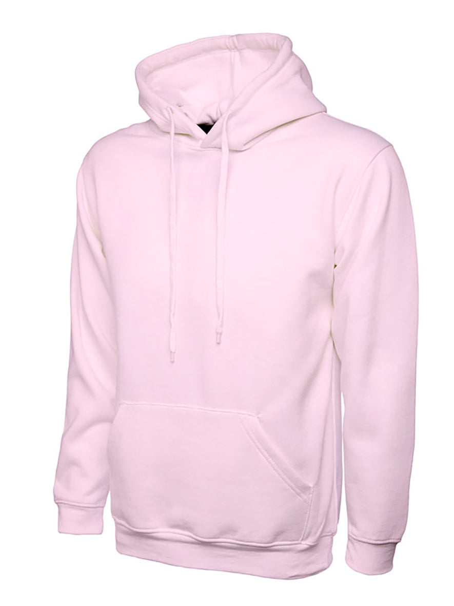 Uneek Clothing UC510 - Ladies Deluxe Hooded Sweatshirt long sleeve in pink with hood, drawstring, large pocket on front and elasticated bottom and wrists.